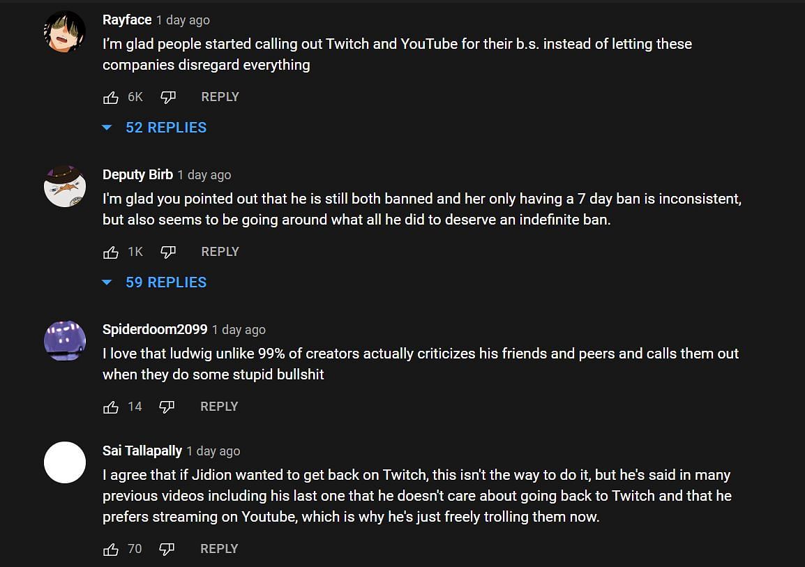 Comments about Ludwig&#039;s take on Twitter and Jidion (Image via Mogul Mail/YouTube)