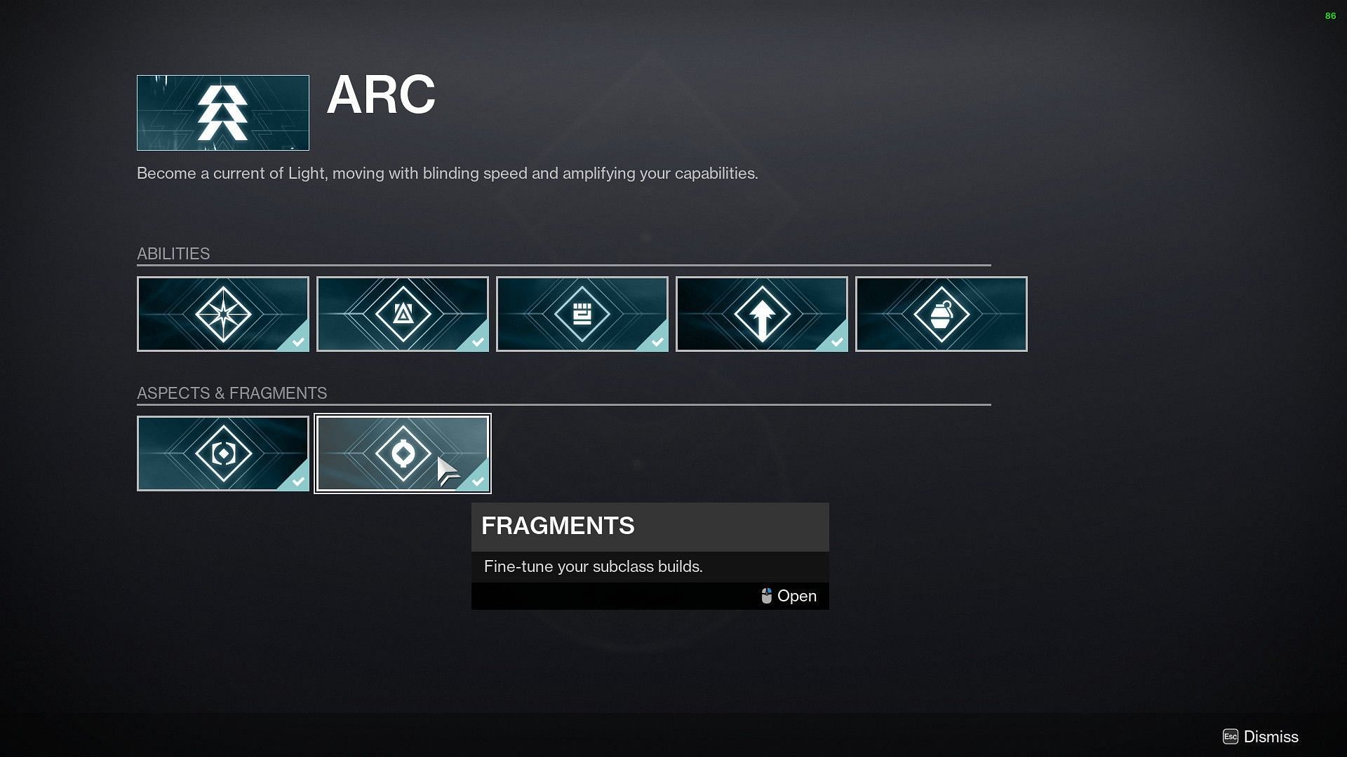 The Fragments section in Arc 3.0 on Ikora&#039;s inventory (Image via Destiny 2)