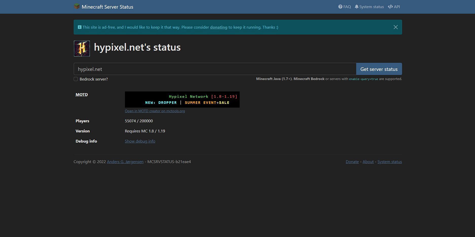 An example of a Minecraft server status website (Image via mcsrvstat.us)