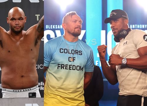 Frazer Clarke (left), Oleksandr Usyk (center), Anthony Joshua (right)