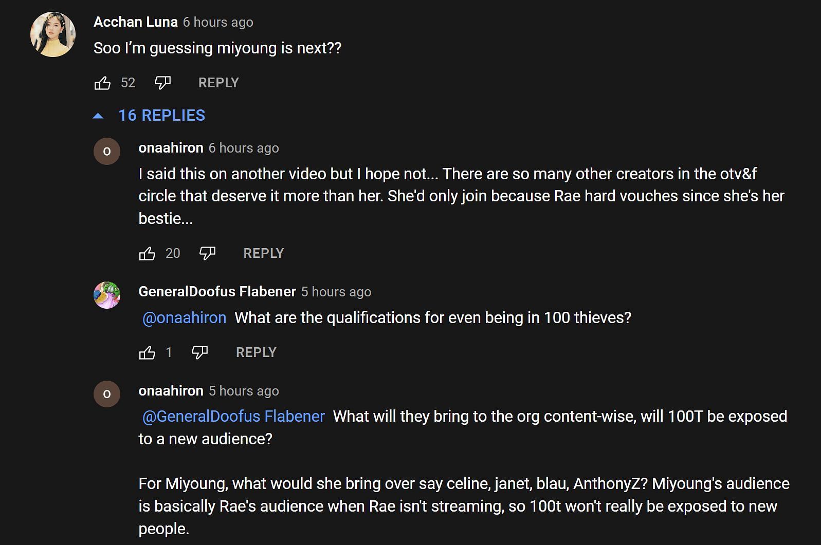 Fans in the YouTube comments section speculating about the next member who would potentially join 100 Thieves (Image via Streamer Moments/YouTube)