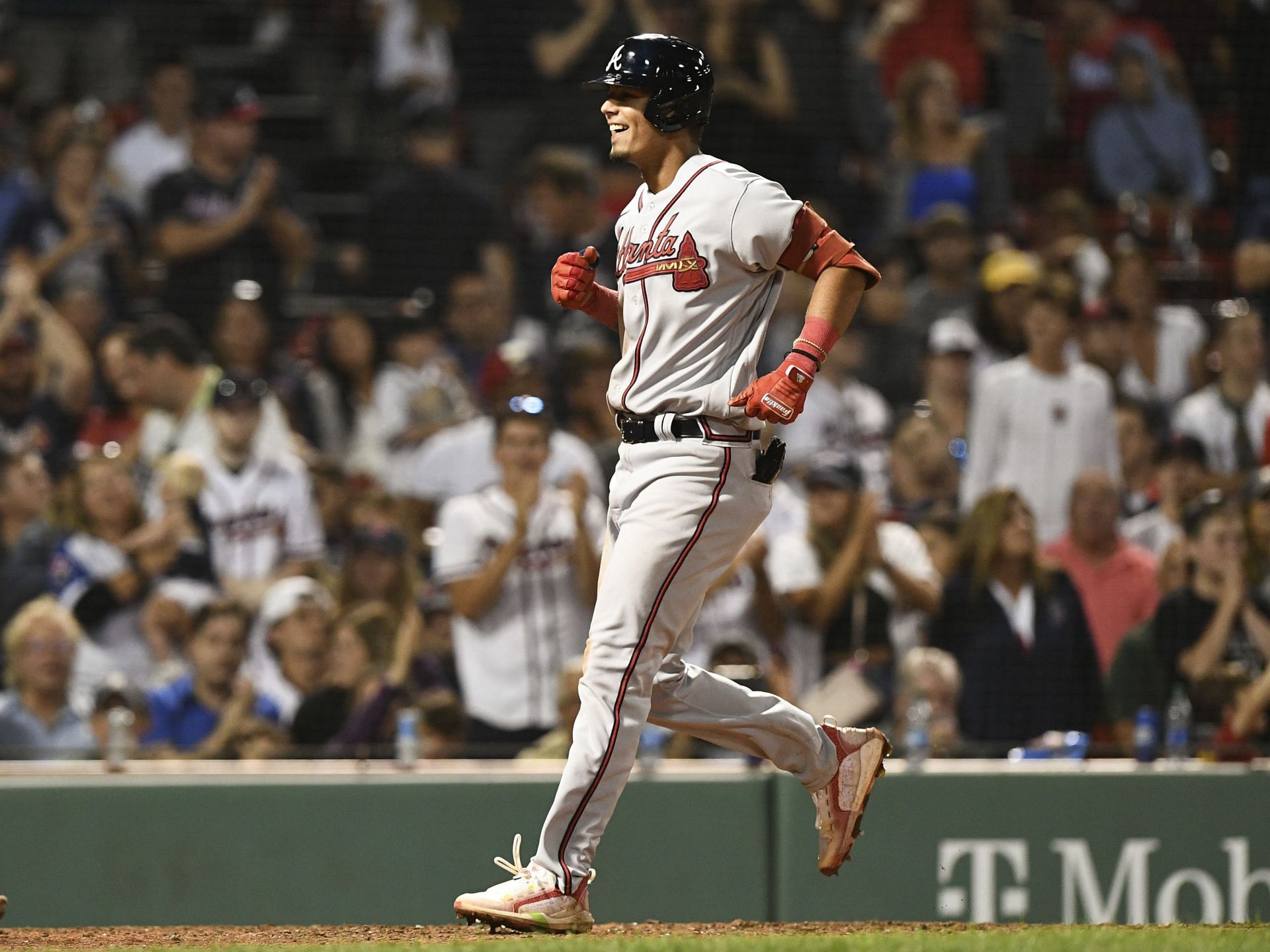 Vaughn Grissom #18 of the Atlanta Braves runs the bases after hitting a two-run home run on his MLB debut against the Boston Red Sox at Fenway Park