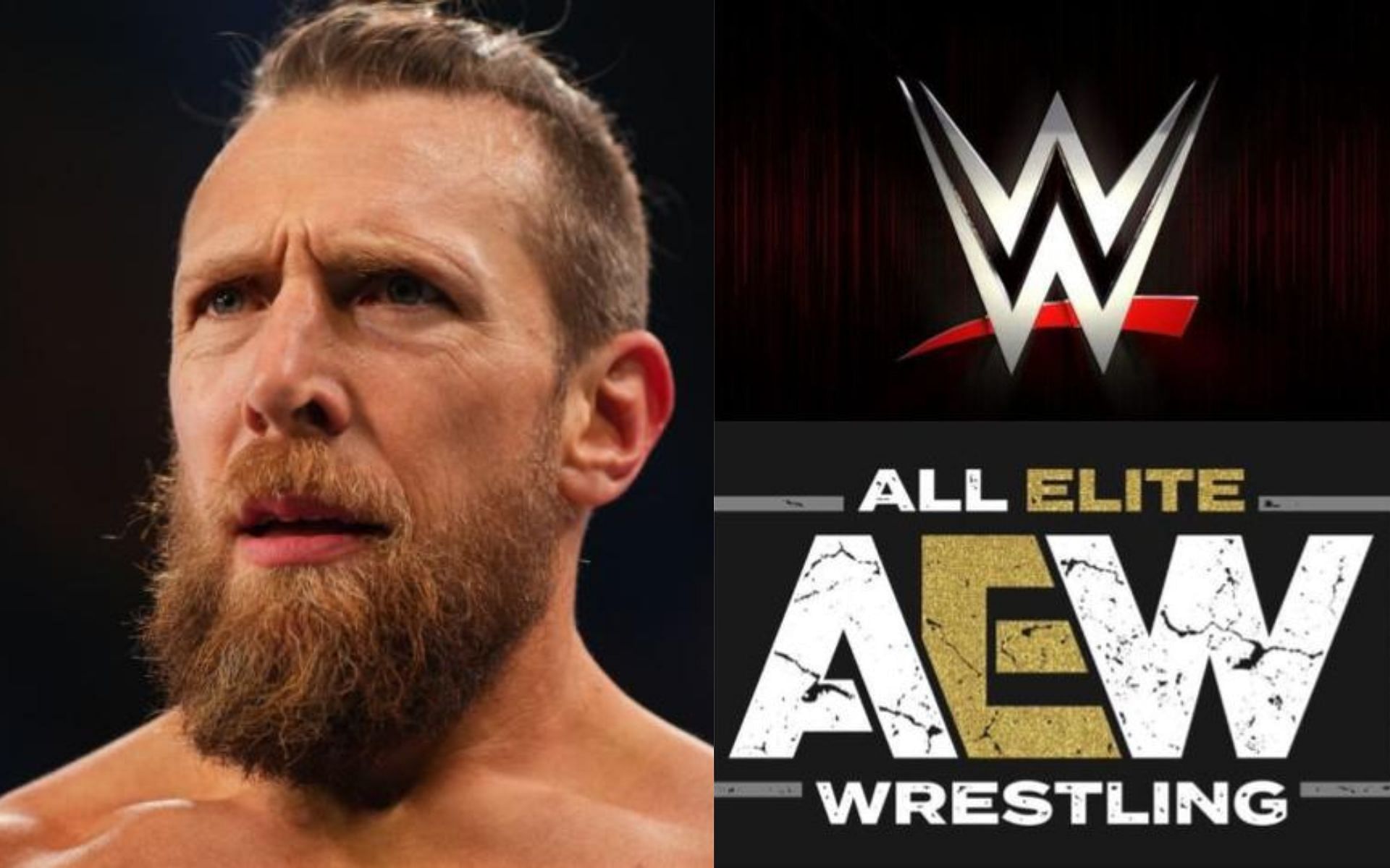 Bryan Danielson (left) and AEW and WWE logos (right).