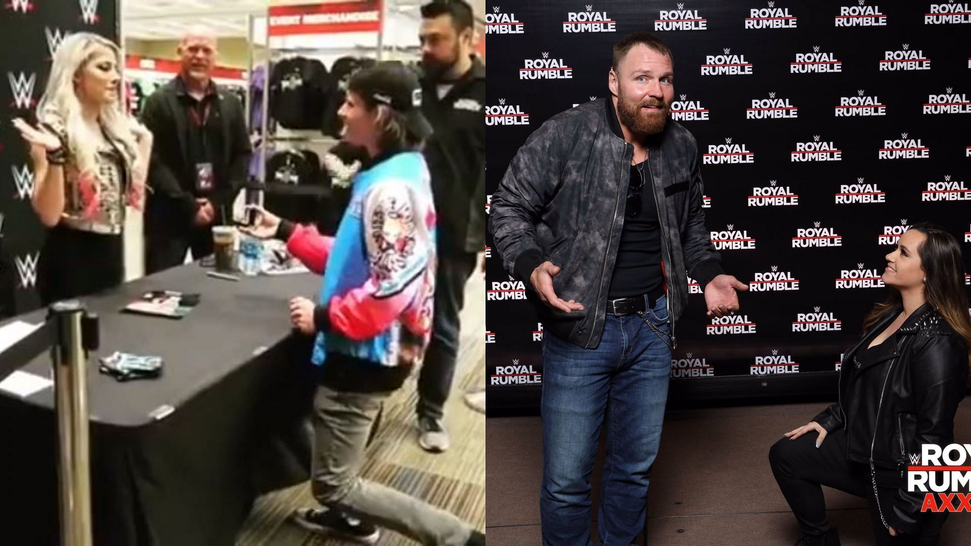 Alexa Bliss with a fan (left) and Jon Moxley (fka Dean Ambrose) with a fan (right)