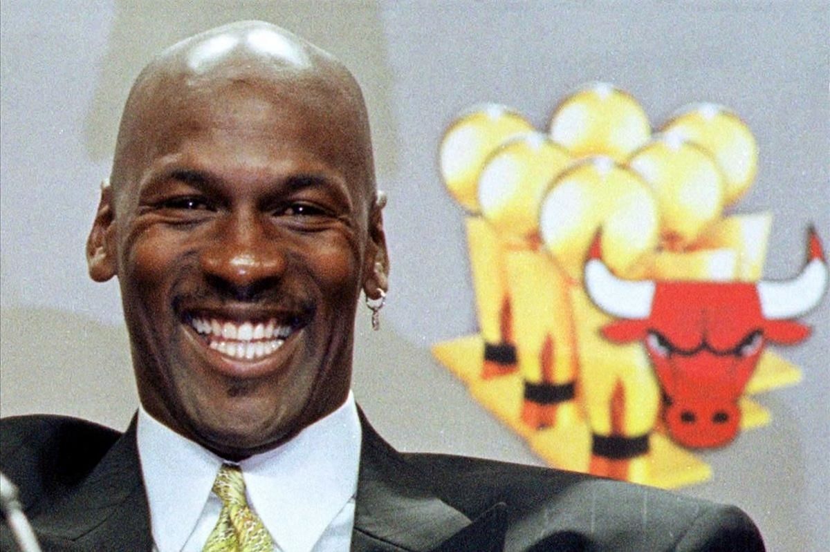 Michael Jordan at a press conference announcing his second retirement