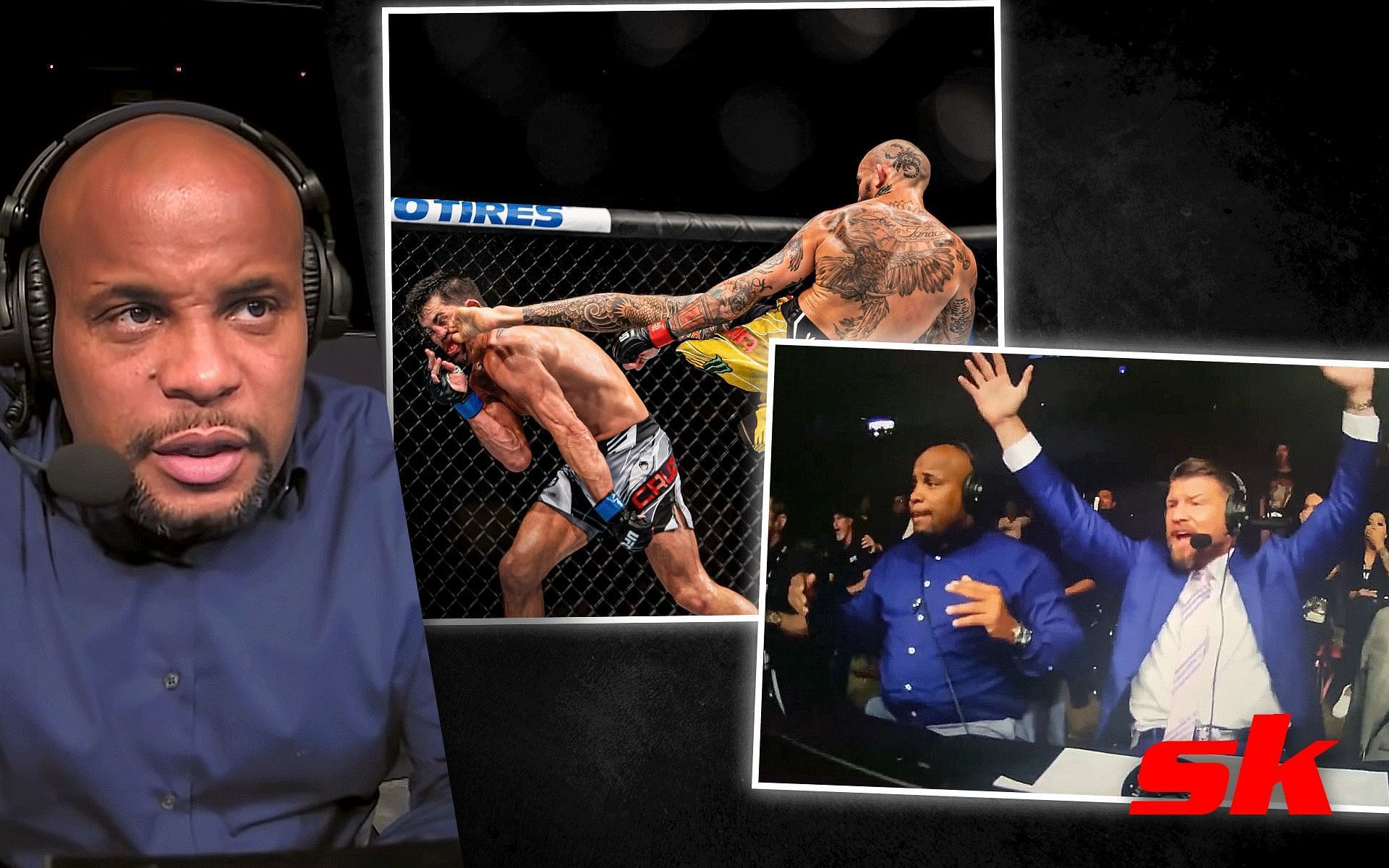 Daniel Cormier was upset to see Dominick Cruz getting knocked out against Marlon Vera [DC image via UFC on YouTube, center image via @ufc on Instagram | right image via @patrickallsyms on Twitter]