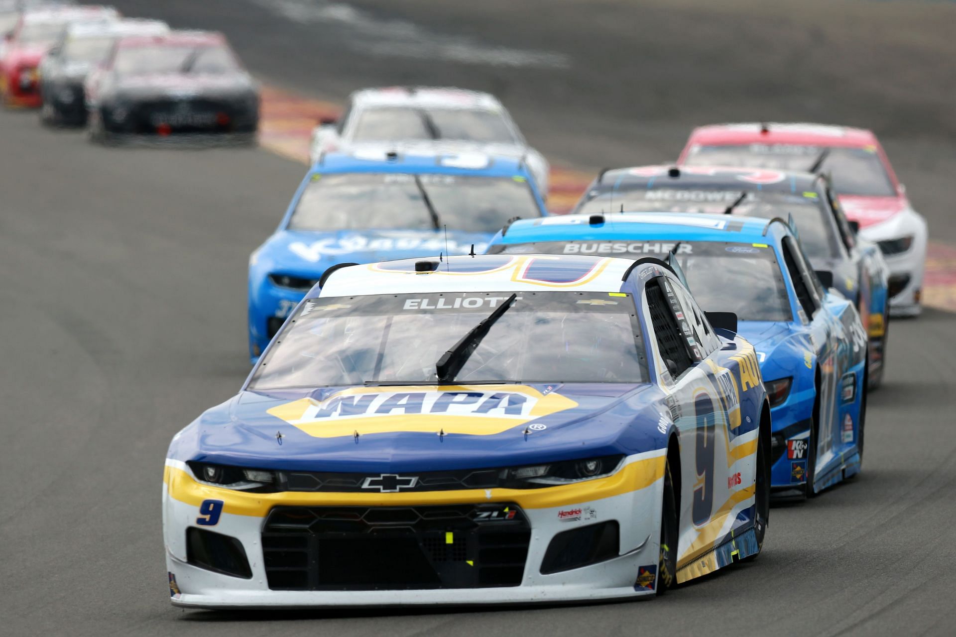 Chase Elliott leads the field during the NASCAR Cup Series Go Bowling at The Glen at Watkins Glen International (Photo by Sean Gardner/Getty Images)