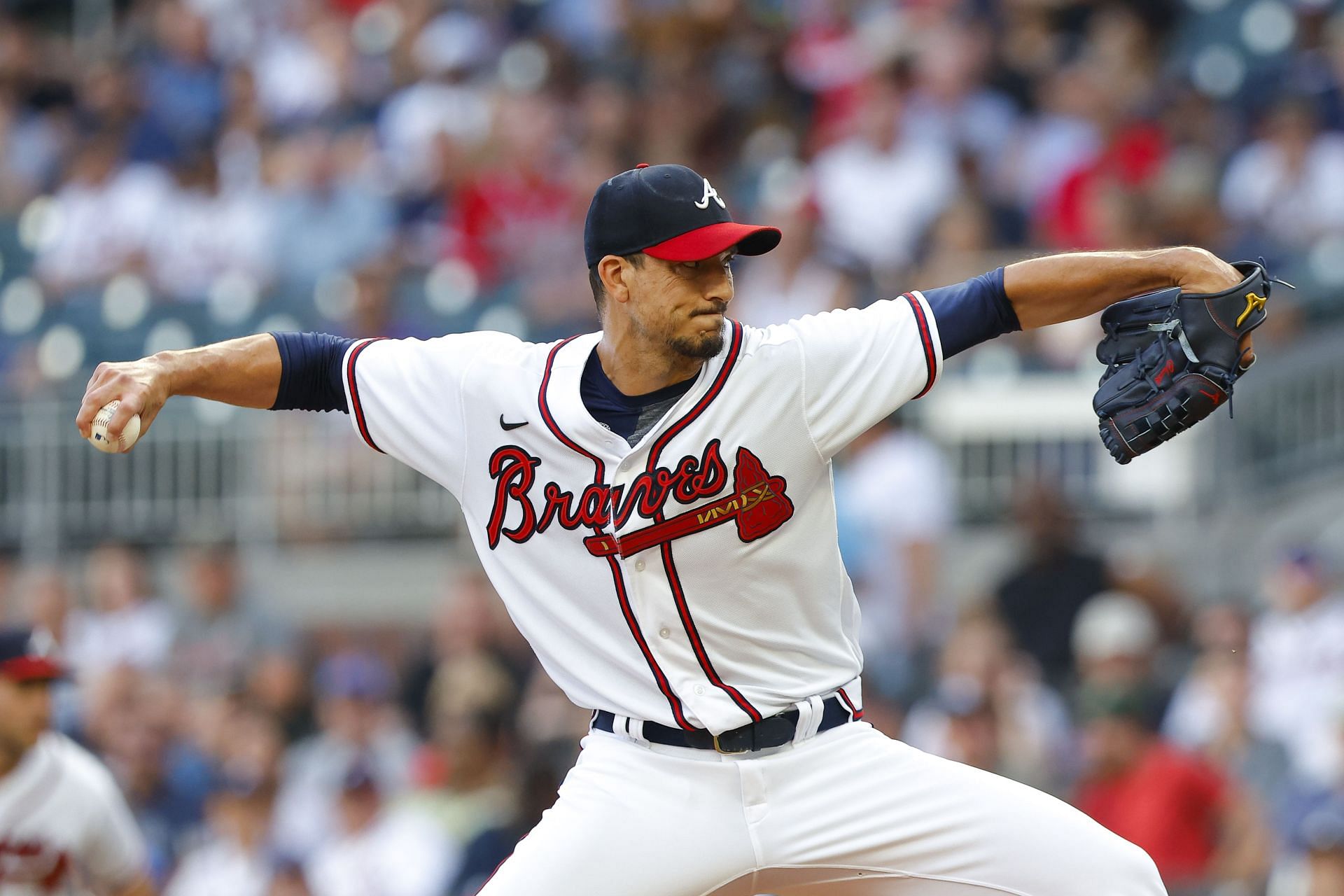 Charlie Morton delivers a pitch during an MLB New York Mets v Atlanta Braves game.