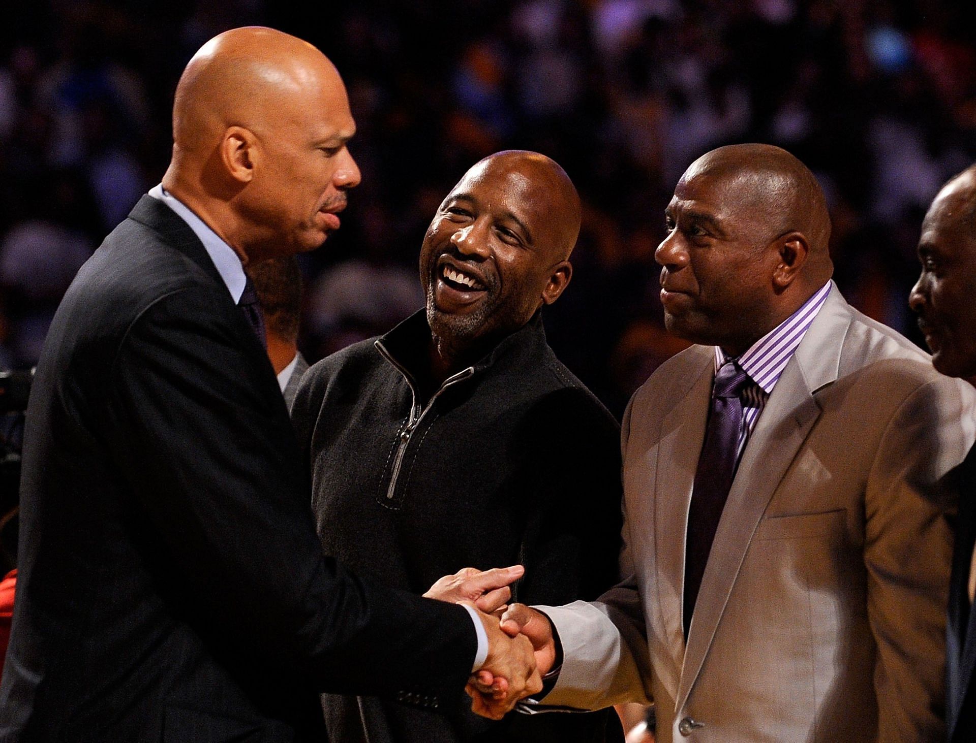 Kareem Abdul-Jabbar, James Worthy and Magic Johnson of the LA Lakers