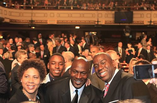 Michael Jordan, left, and Magic Johnson are among the greatest NBA players of all time. (Image via Getty Images)