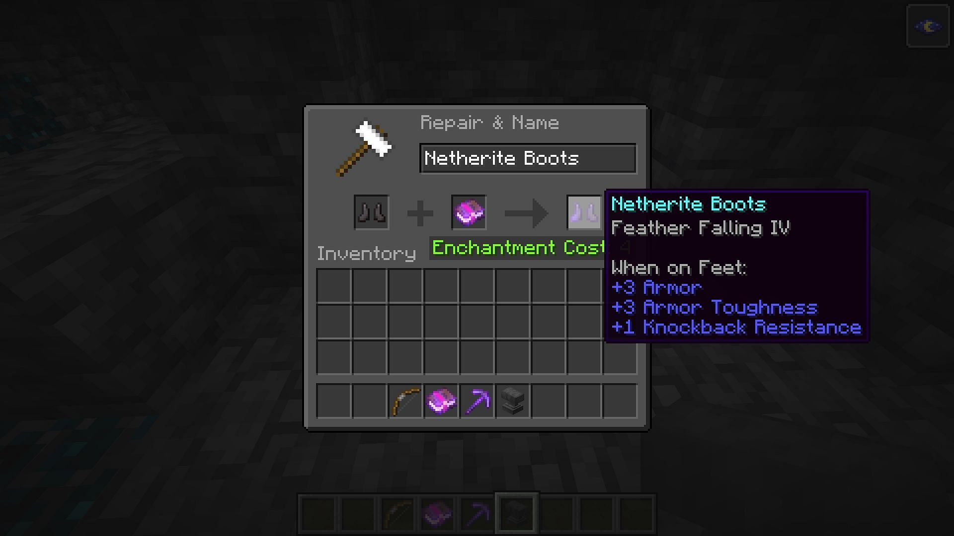 Feather Falling in Minecraft 1.19 can be applied to boots (Image via Mojang)