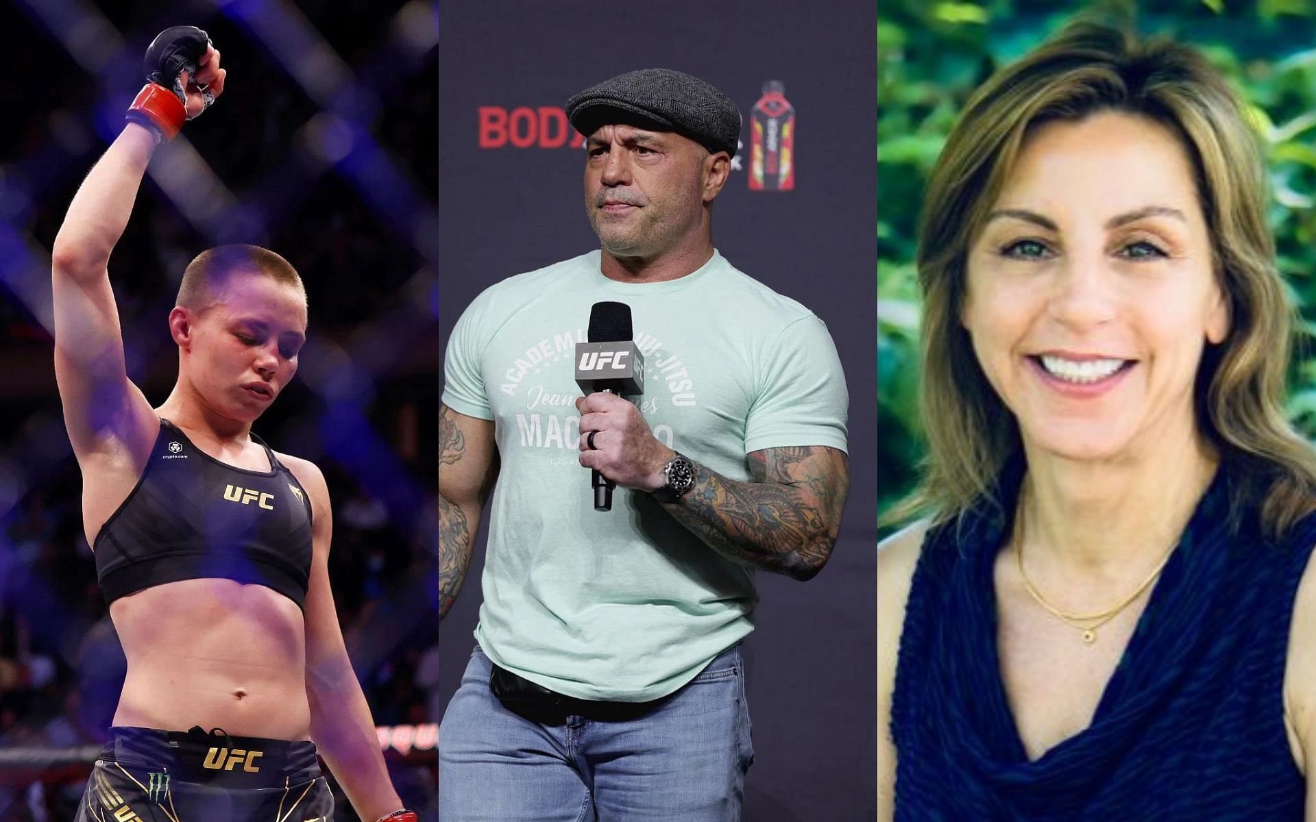 Rose Namajunas (left), Joe Rogan (center), and Carole Hooven (right) [Images courtesy of Getty and @hoovlet Twitter]