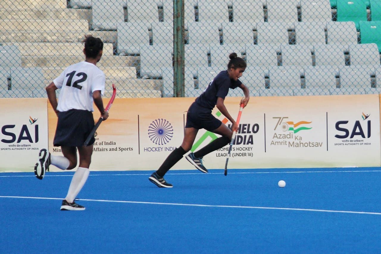 Sports Authority of Gujarat Academy and Salute Hockey Academy match during Khelo India Women&rsquo;s Hockey League U16 at New Delhi&rsquo;s Dhyan Chand Hockey Stadium. Photo credit SAI