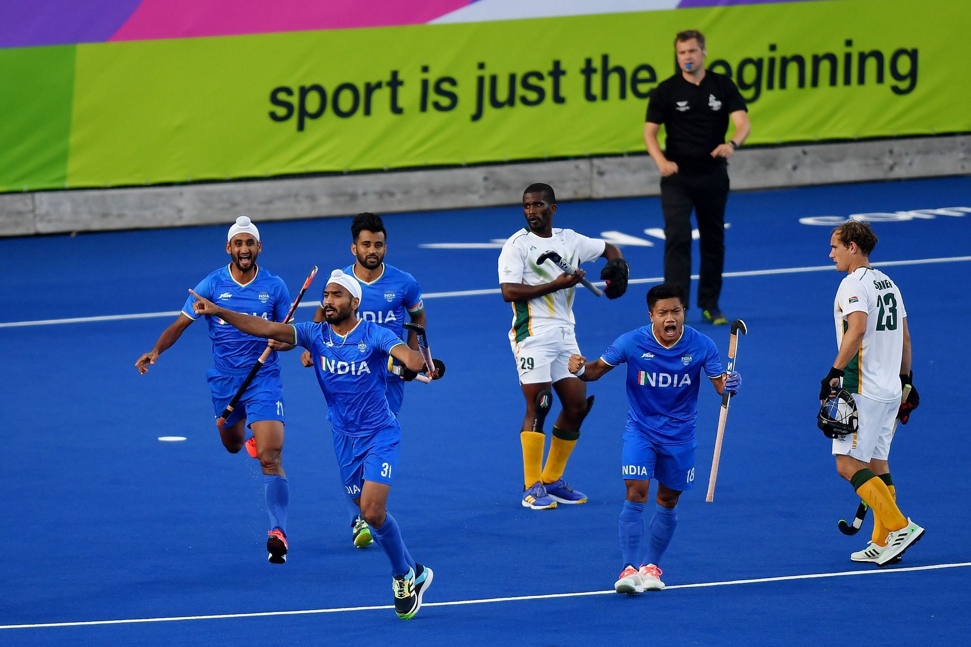 Jugraj Singh celebrates India&#039;s third goal in the CWG 2022 semi-final. (PC: Getty Images)