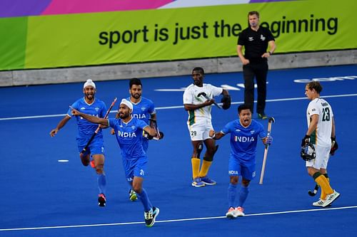 Jugraj Singh celebrates India's third goal in the CWG 2022 semi-final. (PC: Getty Images)