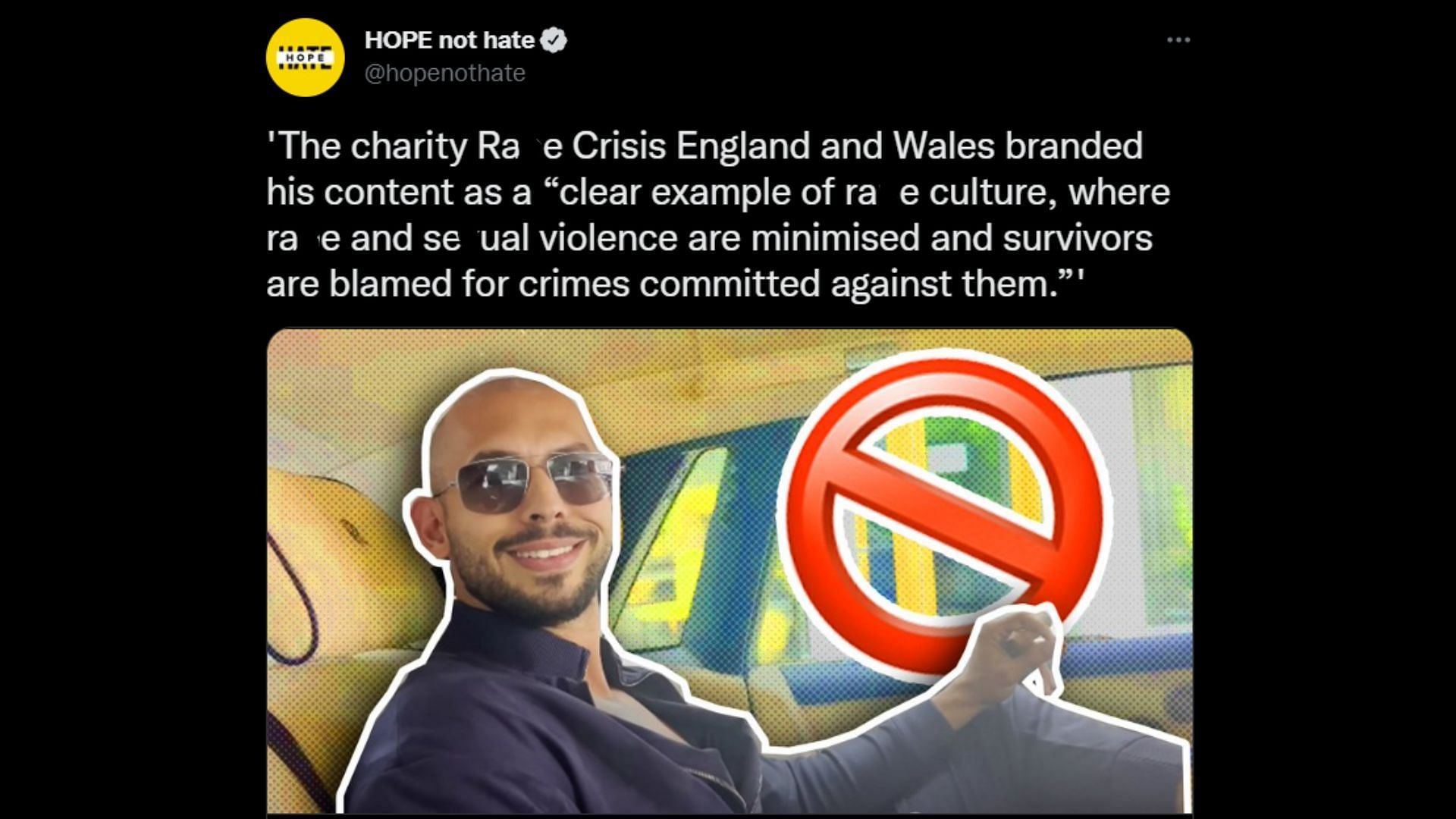 Hope not Hate&#039;s tweet from August 22 quoting Ra*e Crisis England and Wales (Image via HOPE not hate/Twitter)