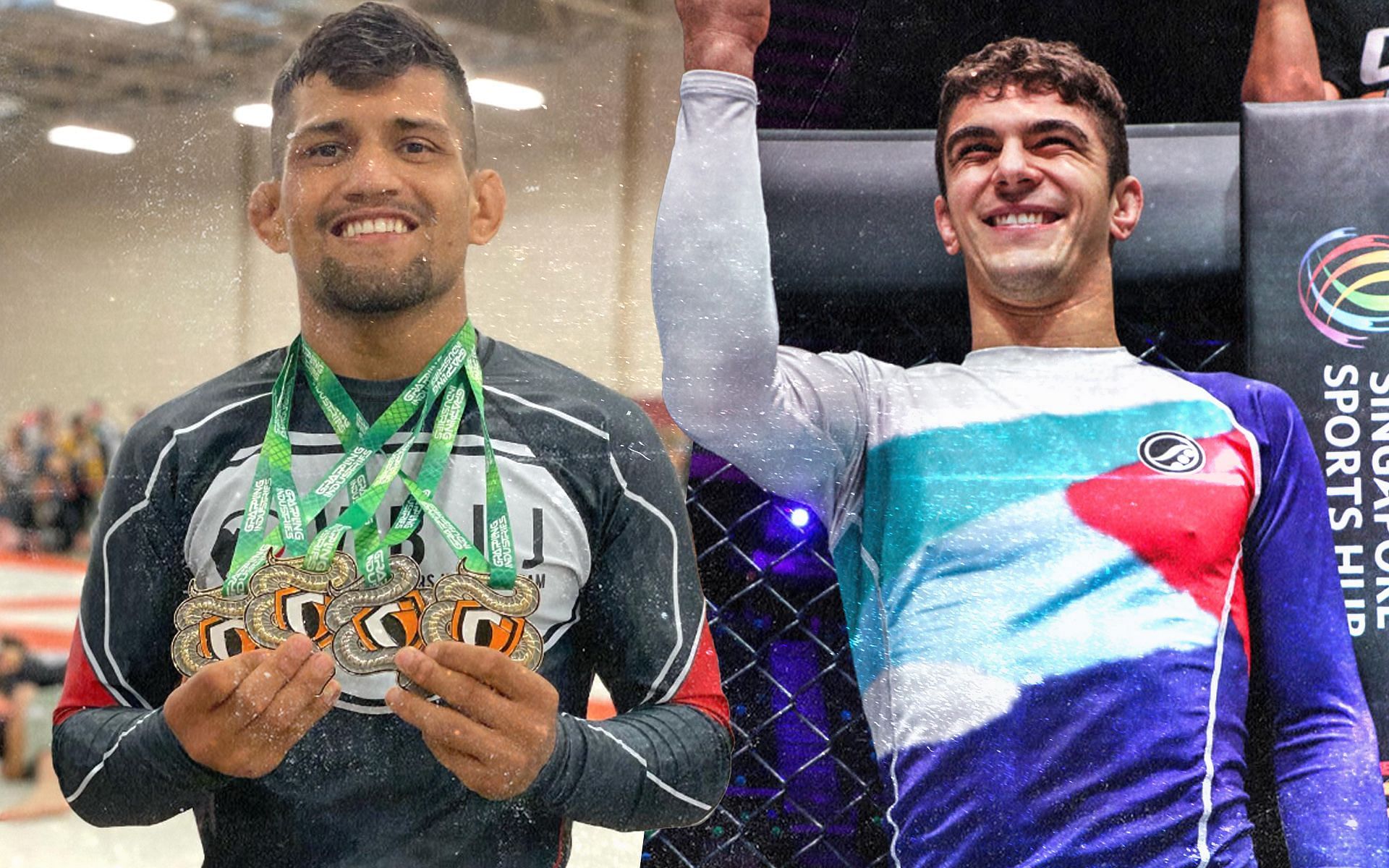 Mikey Musumeci (R) will battle Cleber Sousa (L) for the inaugural ONE flyweight submission grappling world title at ONE on Prime Video 2.