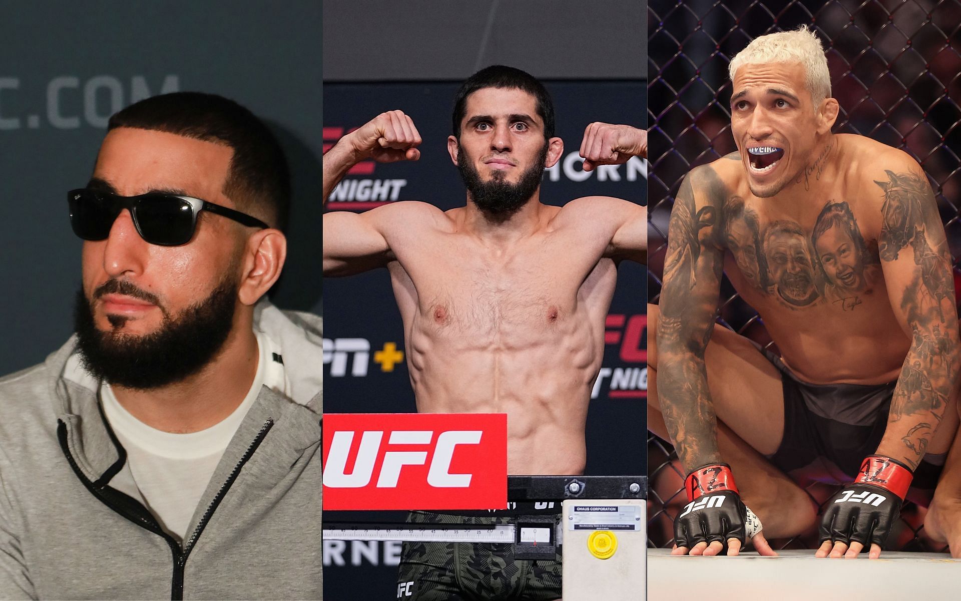 Belal Muhammad (L) believes Islam Makhachev (C) will pose a serious threat to Charles Oliveira (R) at UFC 280