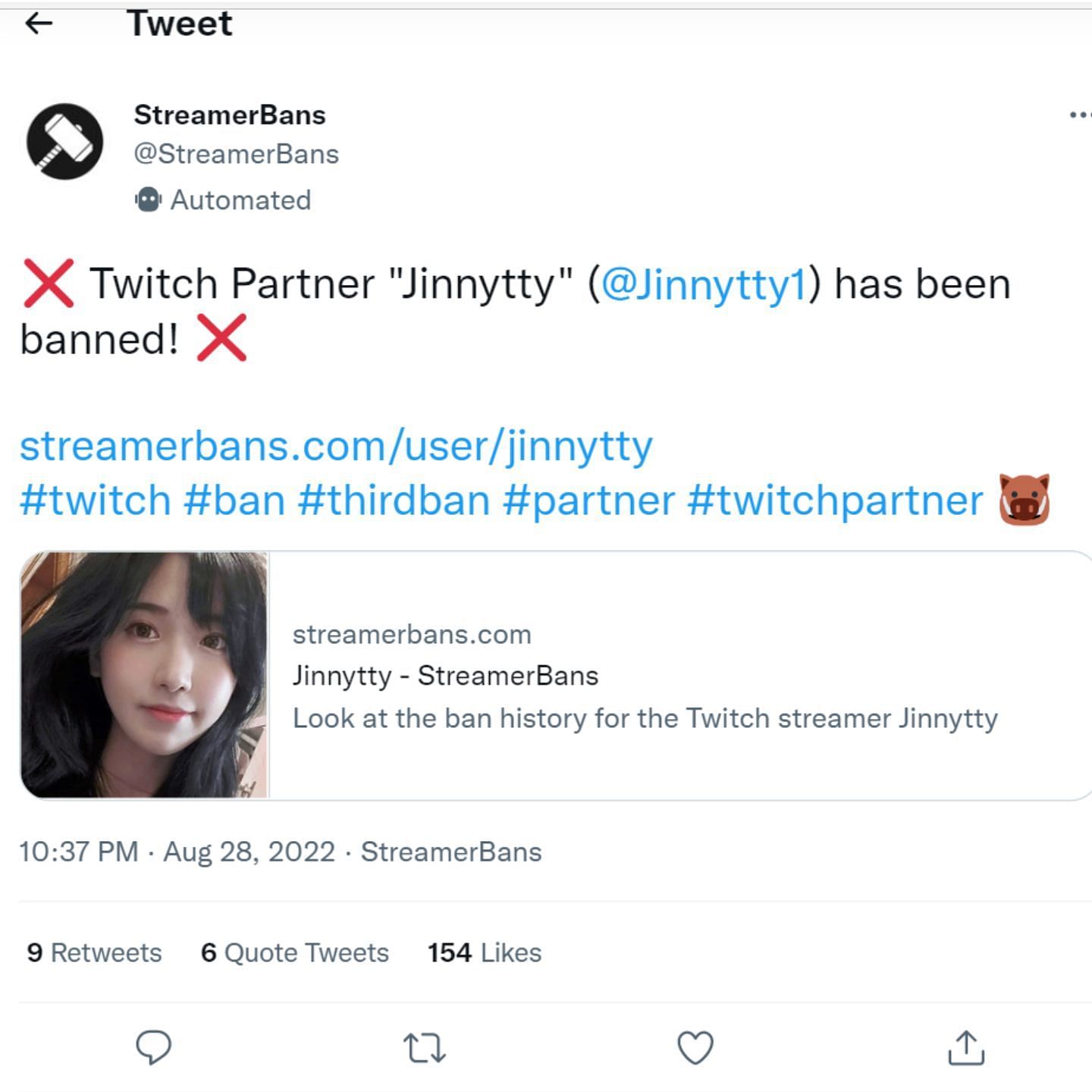 StreamerBan update on Jinnytty&#039;s Twitch ban (Image via StreamerBans/Twitter)