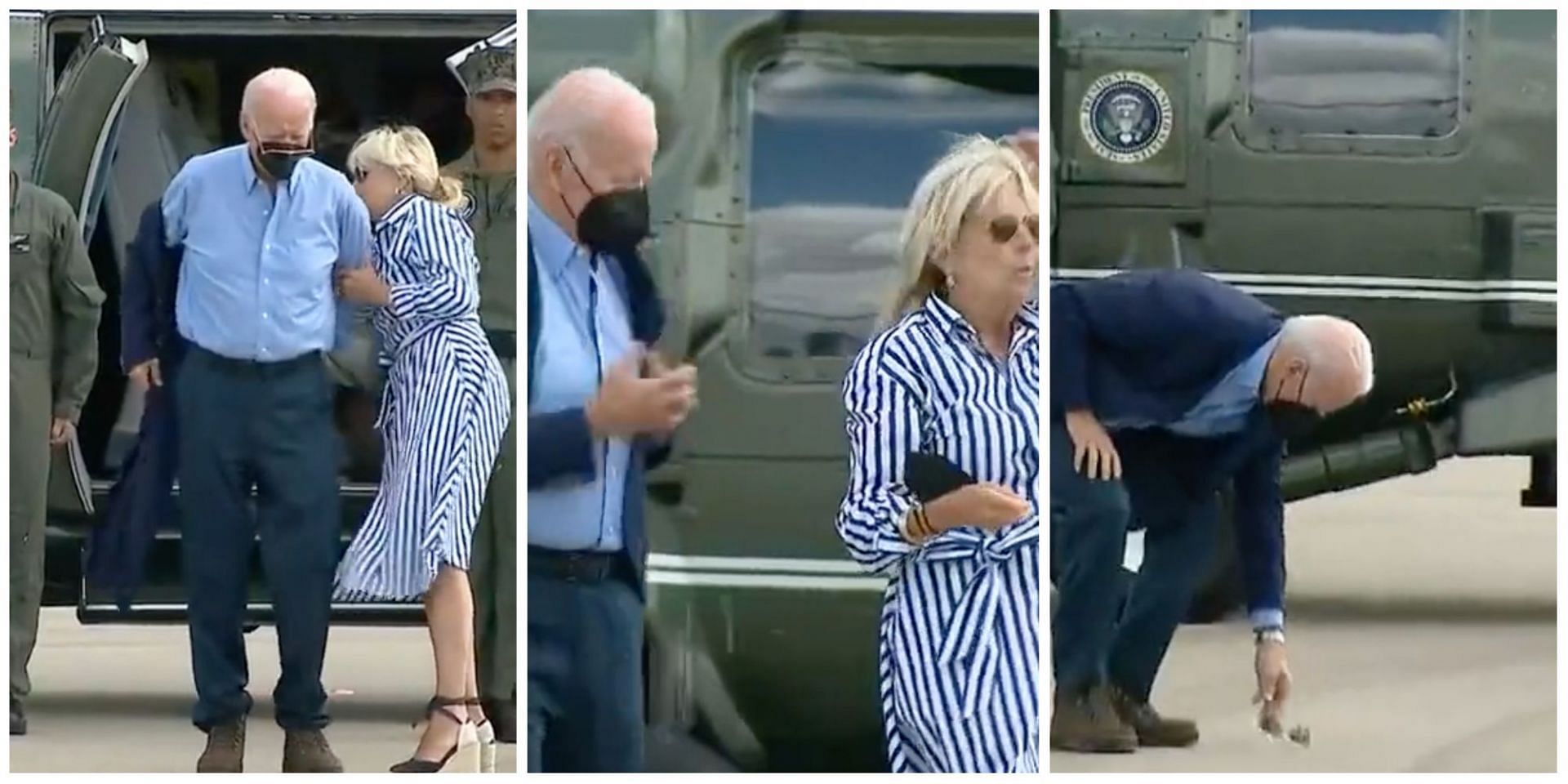 US President Joe Biden trolled online for being &#039;clumsy&#039; as he was not able to wear his jacket; sought help of First Lady. (Image via Twitter)