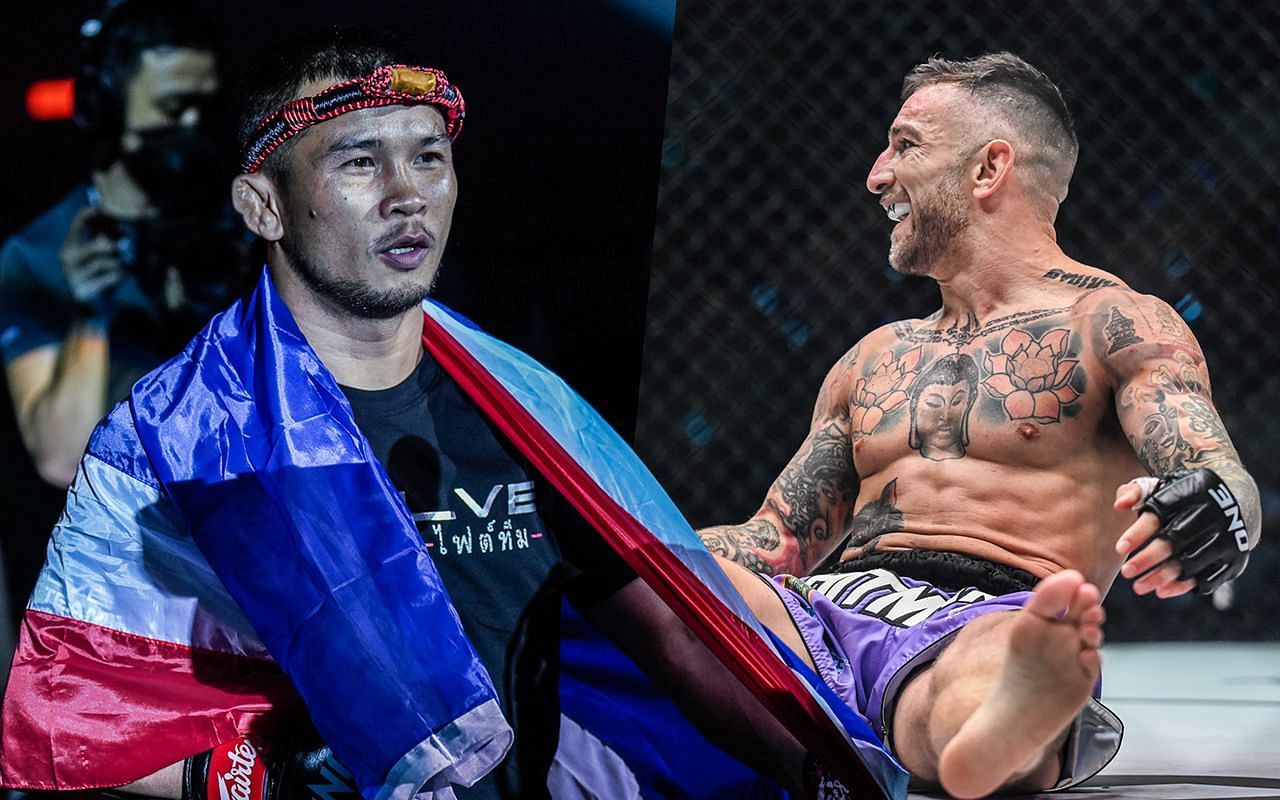 Nong-O Gaiyanghadao (L) wished Liam Harrison (R) a speedy recovery after their match. |  [Photos: ONE Championship]