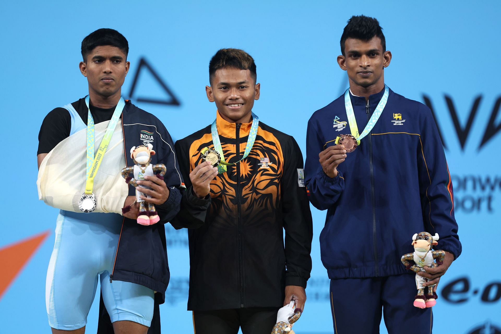 Sanket Madadev Sargar (extreme left) during the medal ceremony at the 2022 Commonwealth Games (Image courtesy: Getty)