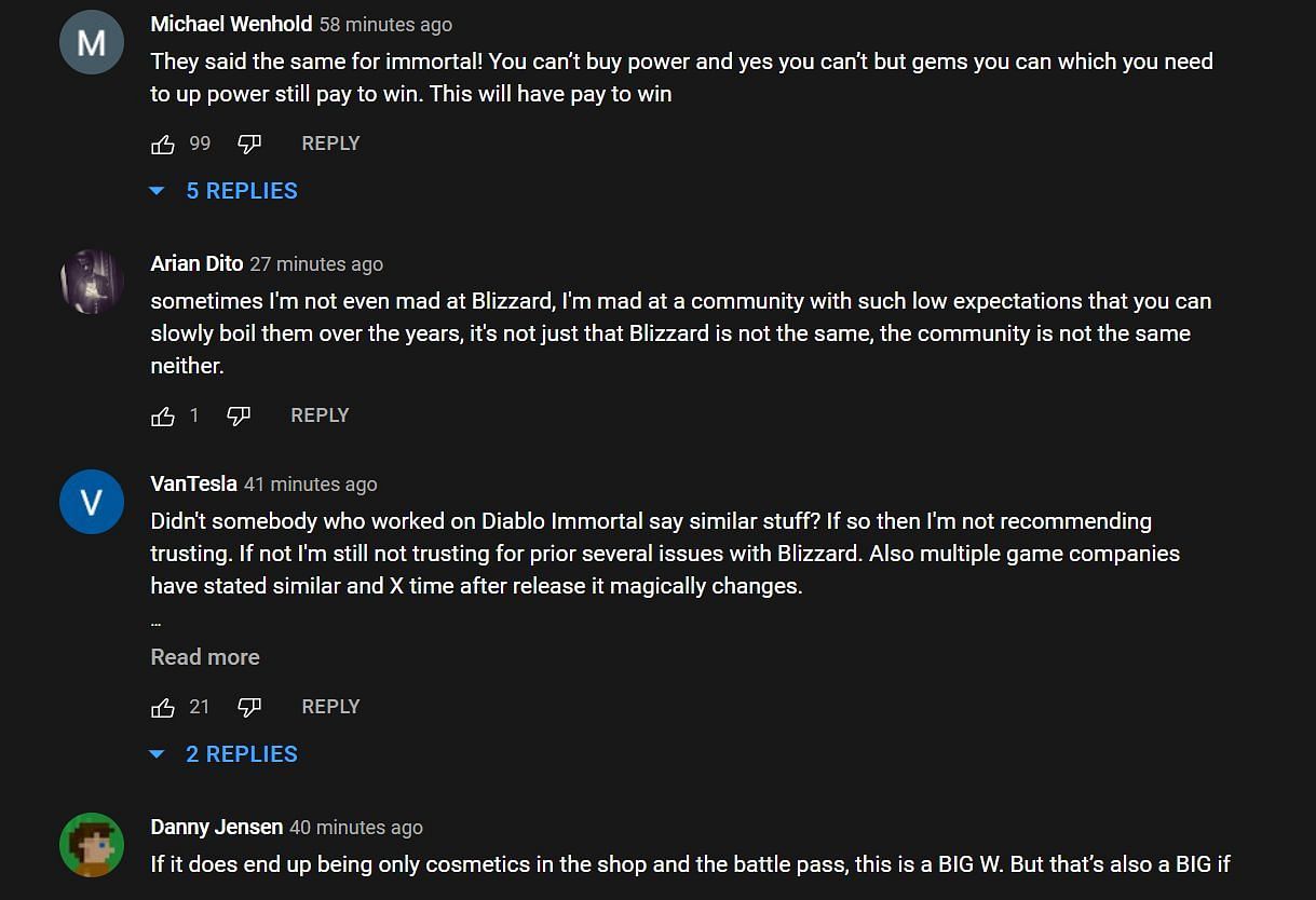 YouTube comments skeptical about Blizzard&#039;s promises (Image via Asmongold Clips/YouTube)