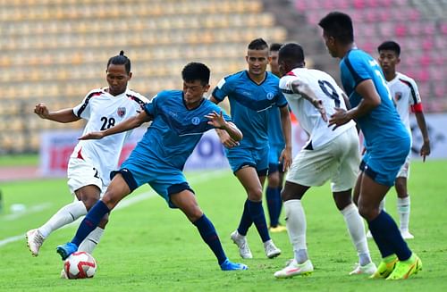 NorthEast United FC and Army Green players tussling for the ball. (Image Courtesy: Durand Cup)
