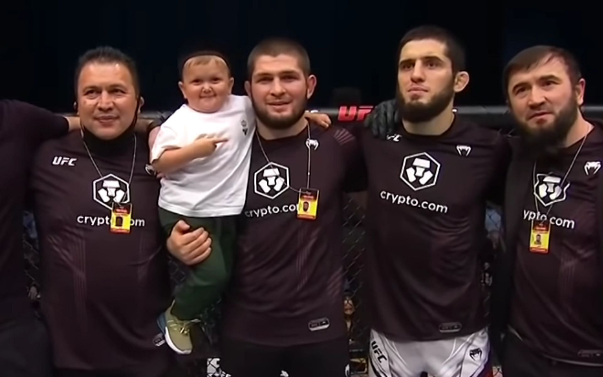 Hasbulla Magomedov (middle left), Khabib Nurmagomedov (middle) [Images courtesy of BT Sport on YouTube]