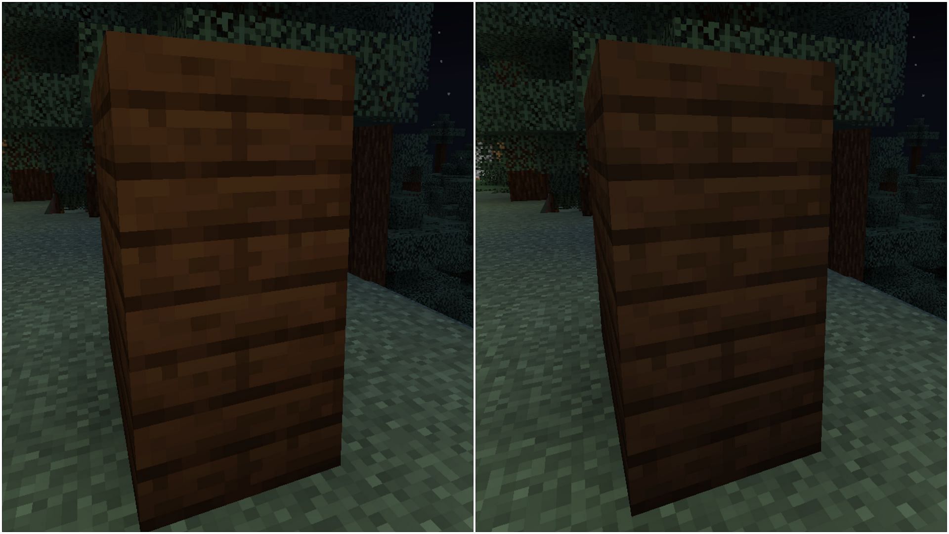 Before and after images of the Desaturated Dark Oak resource pack in Minecraft (Image via Sportskeeda)