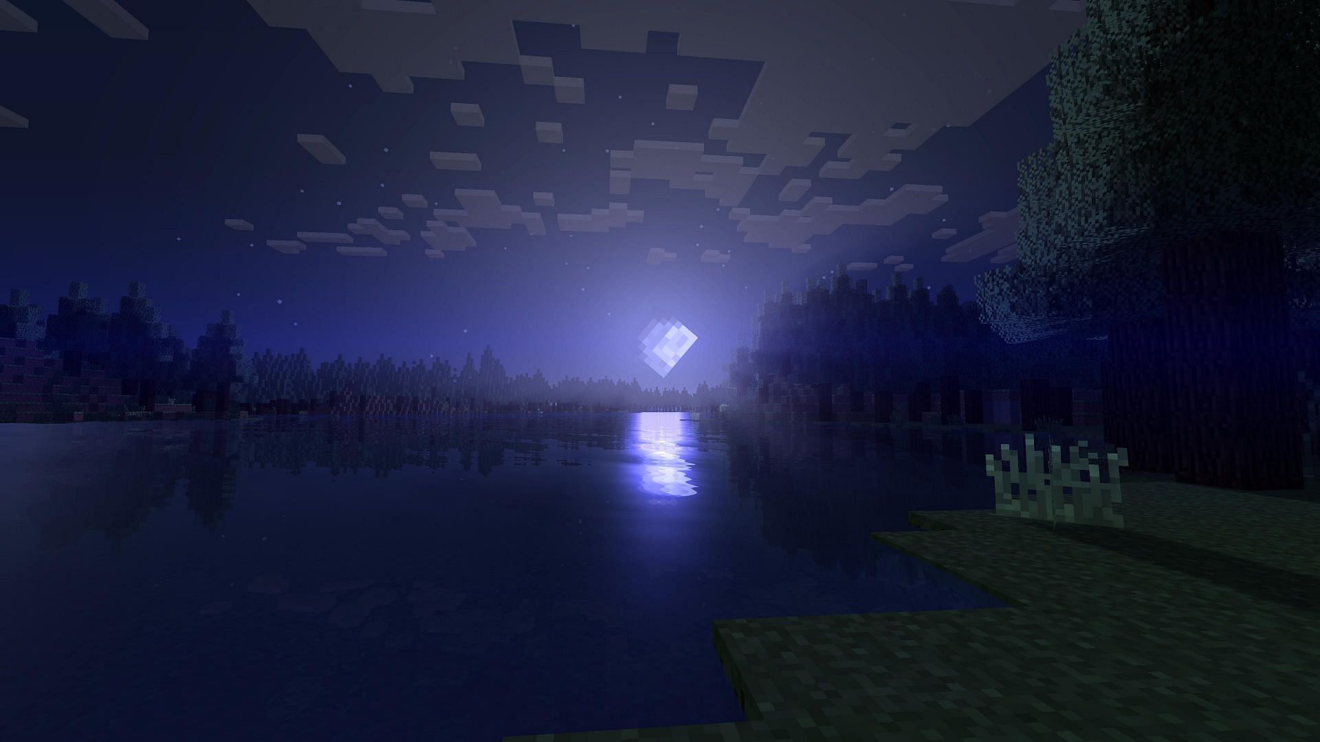 The moon rising over the distant horizon (Image via Minecraft)