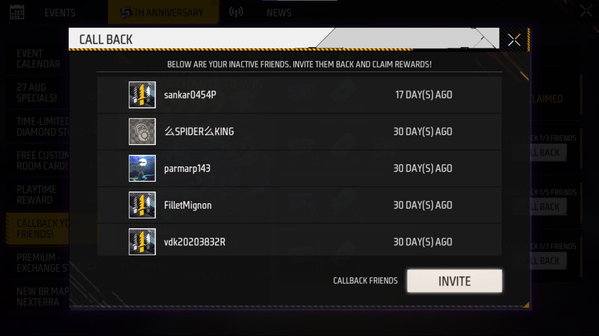 A list of inactive friends will appear (Image via Garena)
