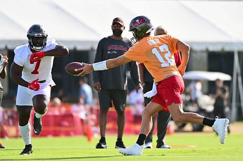 Tampa Bay Buccaneers quarterback Tom Brady during a rare appearance in Training Camp