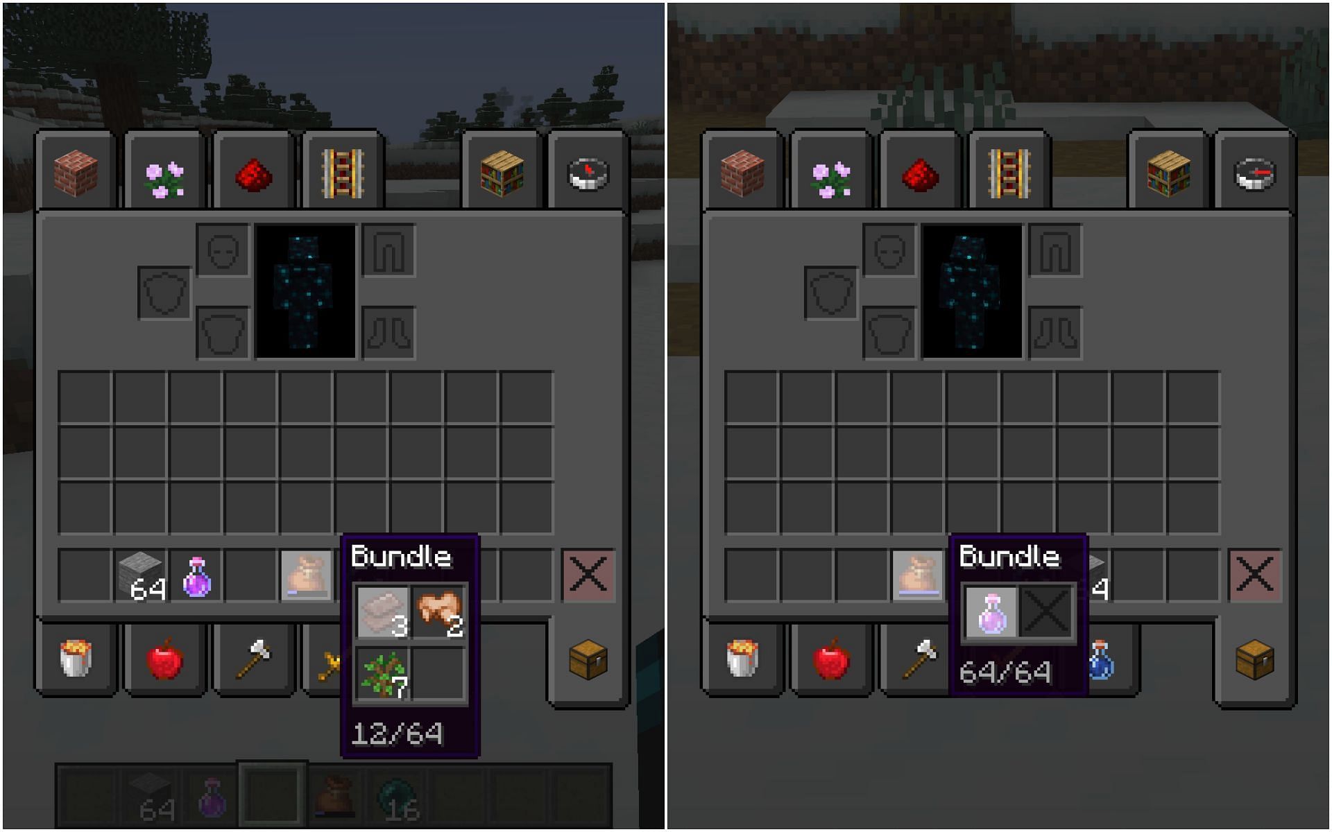 The bundle can only store what one inventory slot can, though it can store several different items (Image via Minecraft 1.19 update)