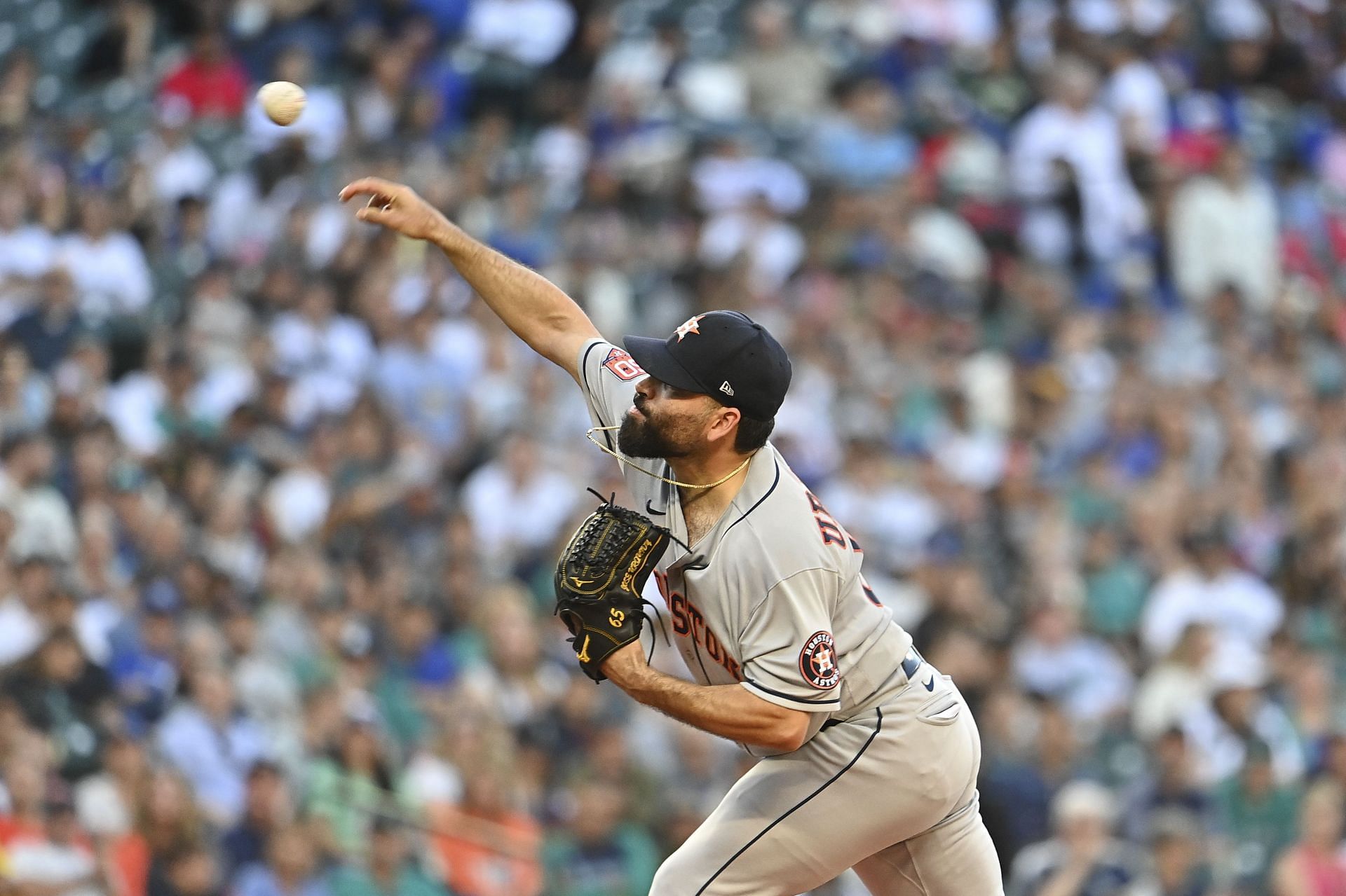 Jose Urquidy pitches for the Houston Astros against the Seattle Mariners.
