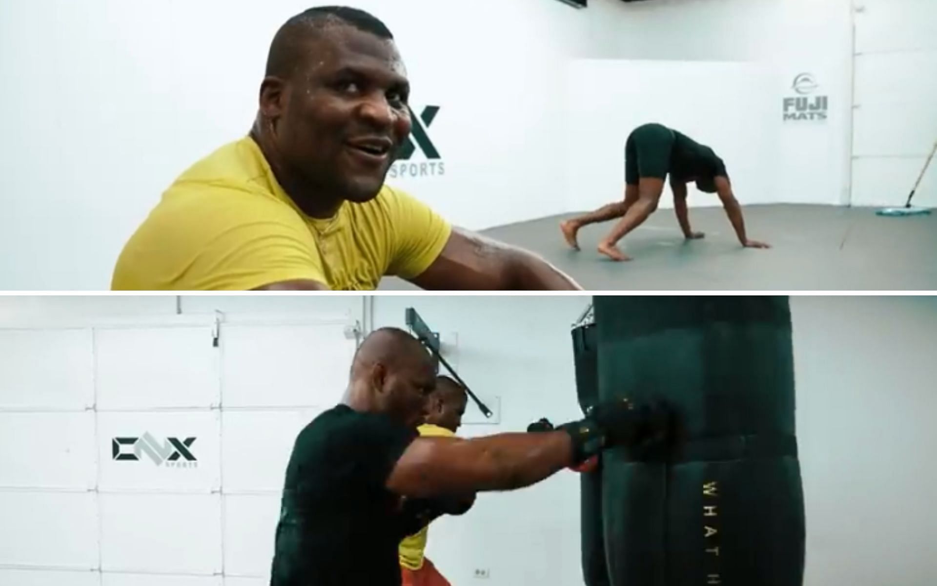 Francis Ngannou (above foreground and below background) and Kamaru Usman (below foreground and above background [Images Courtesy: Francis Ngannou&#039;s YouTube]