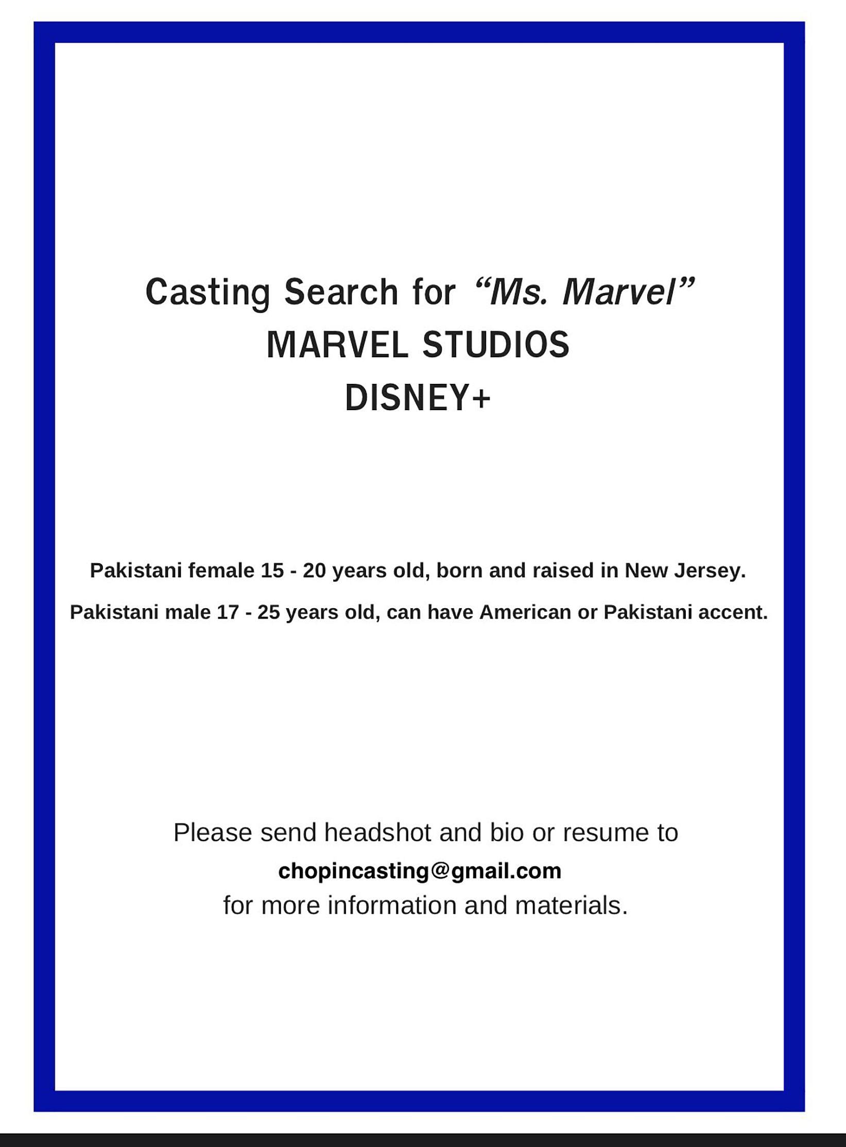 The casting call for Ms. Marvel