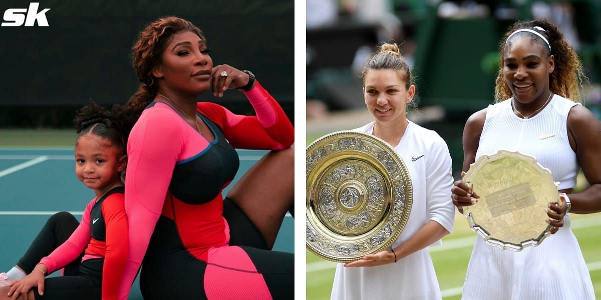 Serena Williams with daughter Olympia [left] and after losing to Simona Halep at the 2019 Wimbledon final.