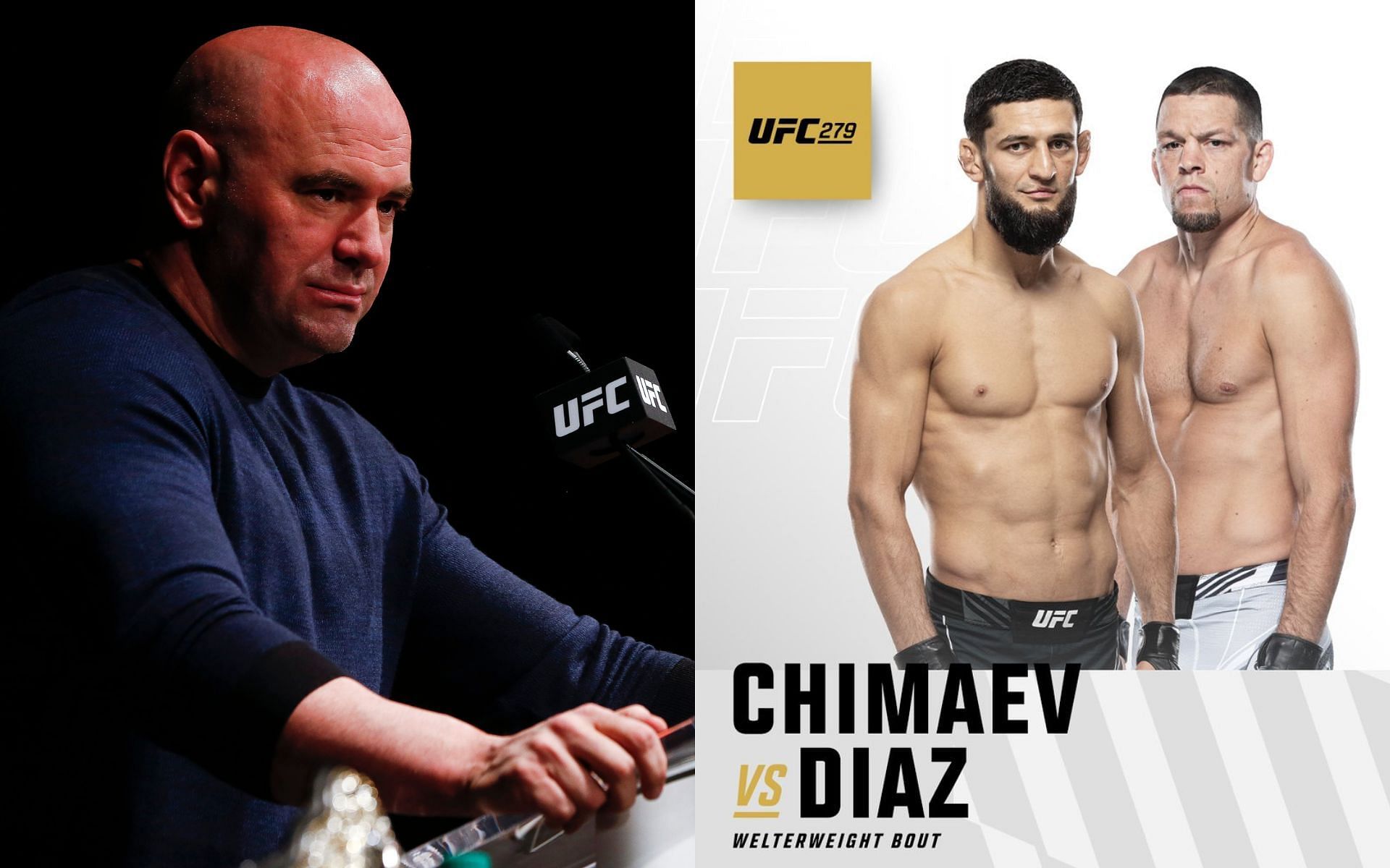 Dana White (L), Nate Diaz vs. Khamzat Chimaev poster (R) (via @ufc on Twitter)