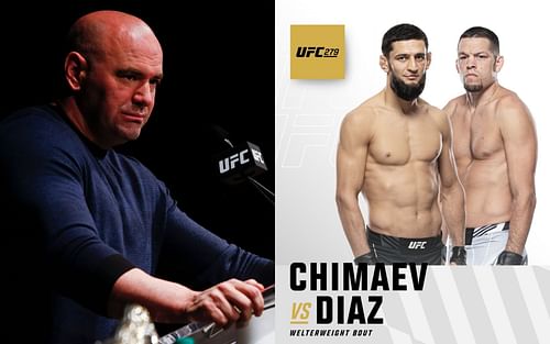 Dana White (L), Nate Diaz vs. Khamzat Chimaev poster (R) (via @ufc on Twitter)