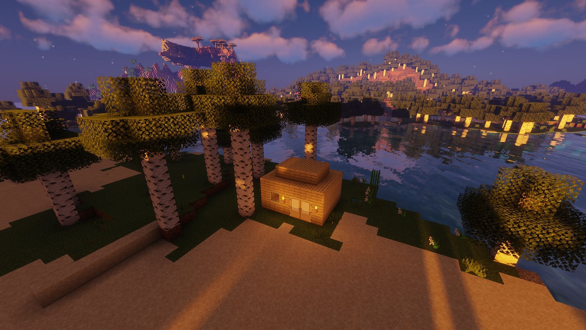 Night setting on a player&#039;s basic first day base (Image via Minecraft)