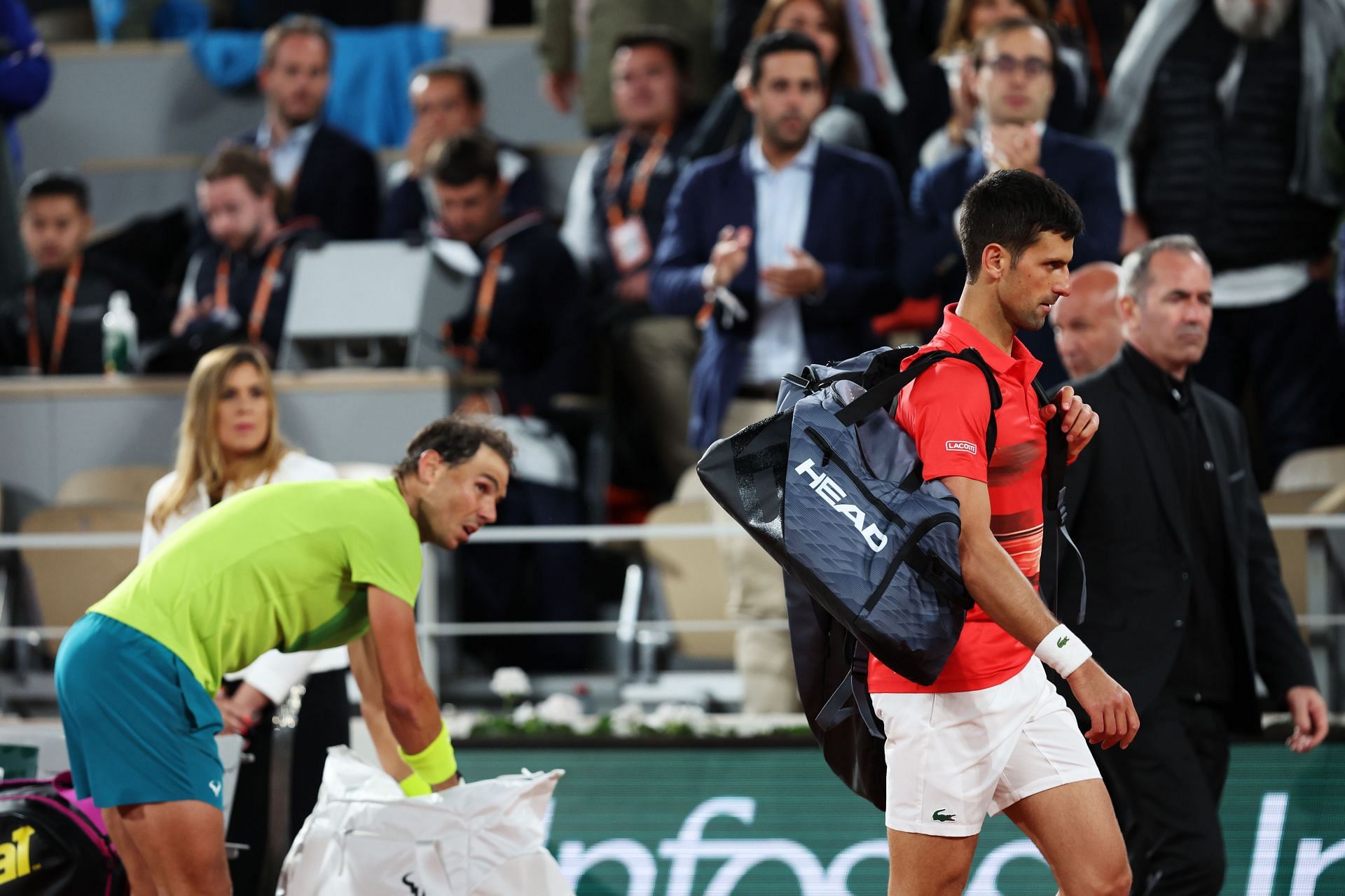 Rafael Nadal (L) and Novak Djokovic at the 2022 French Open