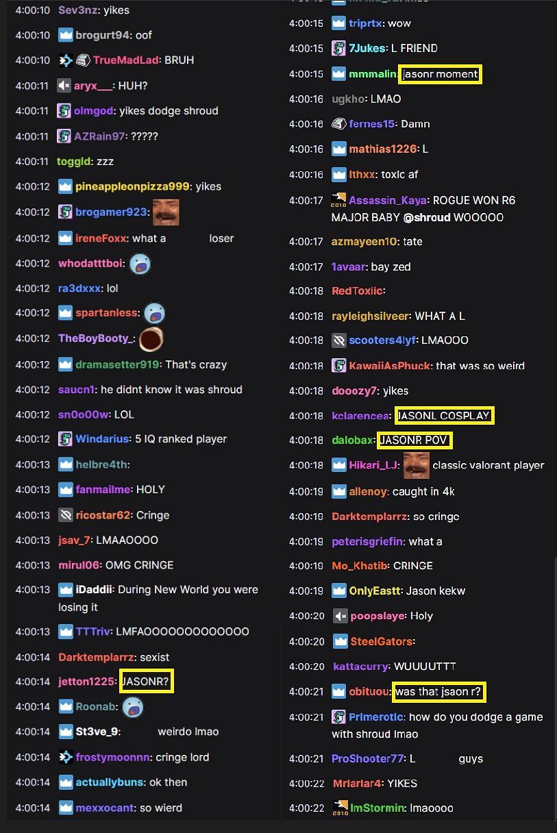 Fans in the Twitch chat reacting to the s*xist Valorant player&#039;s shenanigans (Image via Twitch)