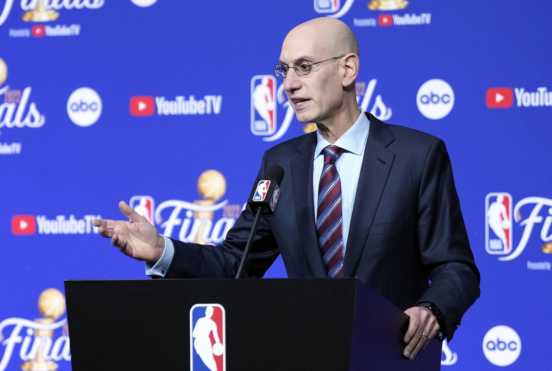 NBA commissioner Adam Silver speaks to the media before Game 1 of the 2022 NBA Finals.