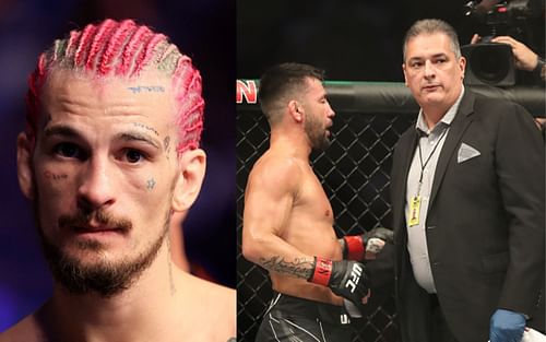 Sean O'Malley (left) and Pedro Munhoz discussing eye injury with doctor (right) [Images via Getty]