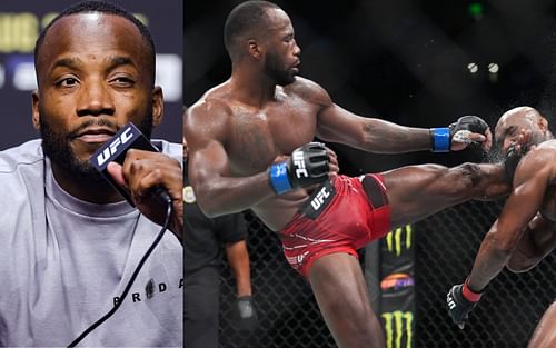 Leon Edwards (left); Edwards kicks Usman [right; images courtesy of Getty and @btsportufc Twitter account]