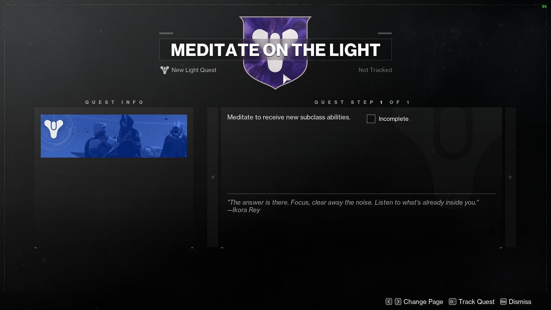 Meditate on the Light quest tab in Destiny 2 (Image via Bungie)