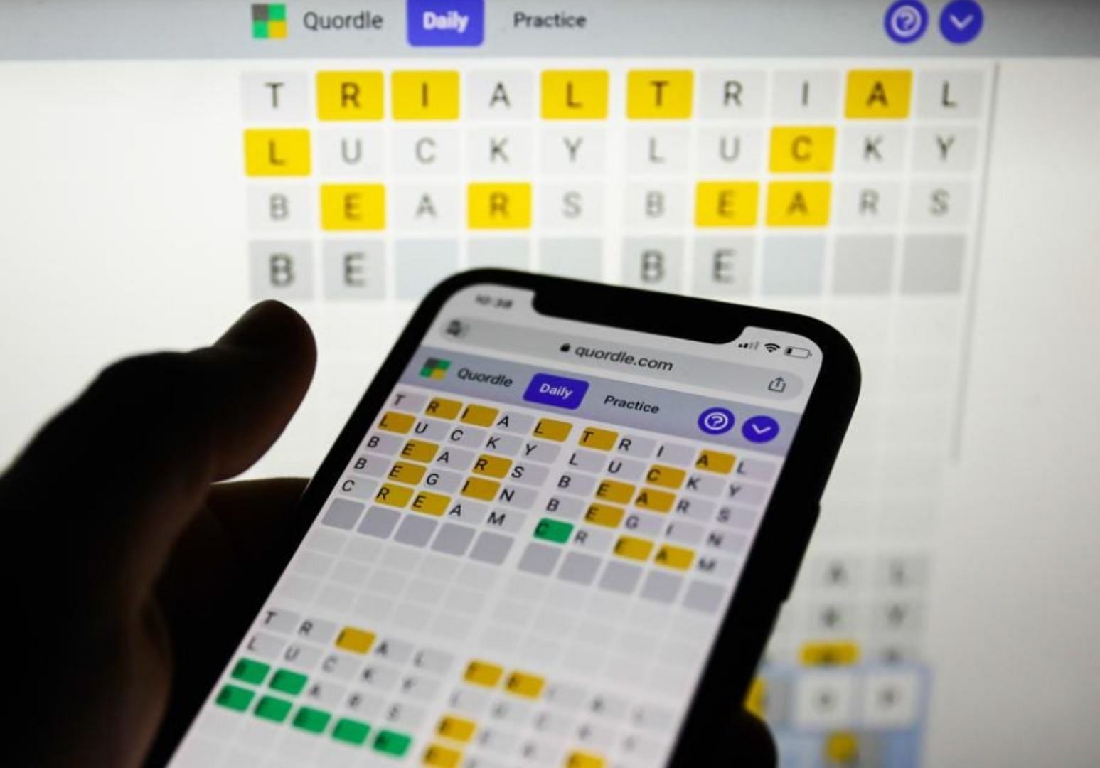 Today&#039;s Quordle has three words with repetitive letters. (Image via Getty)