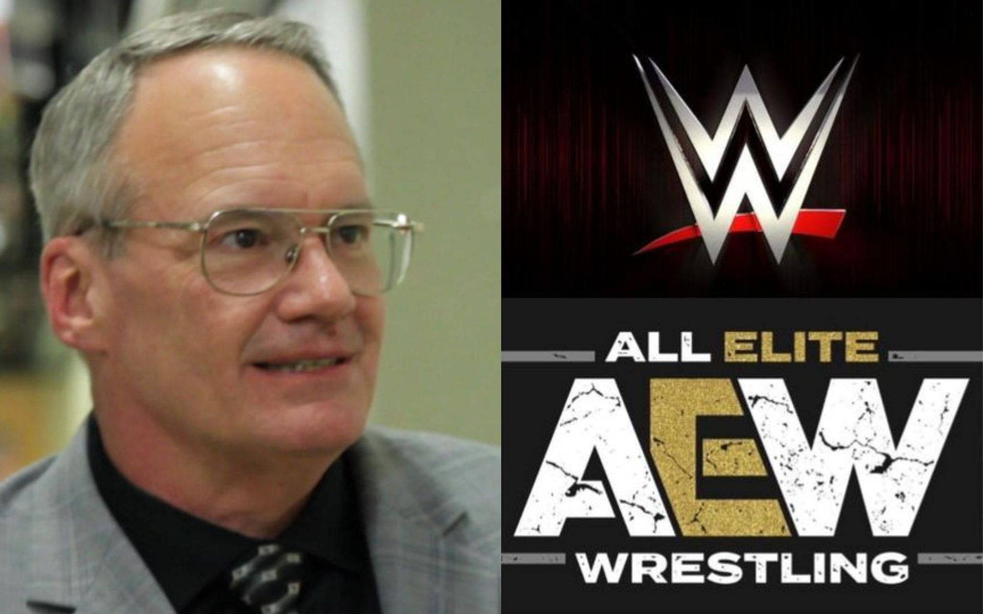 Jim Cornette (left) and WWE and AEW logos (right).