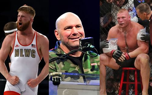 Bo Nickal (left), Dana White (middle) and Brock Lesnar (right)